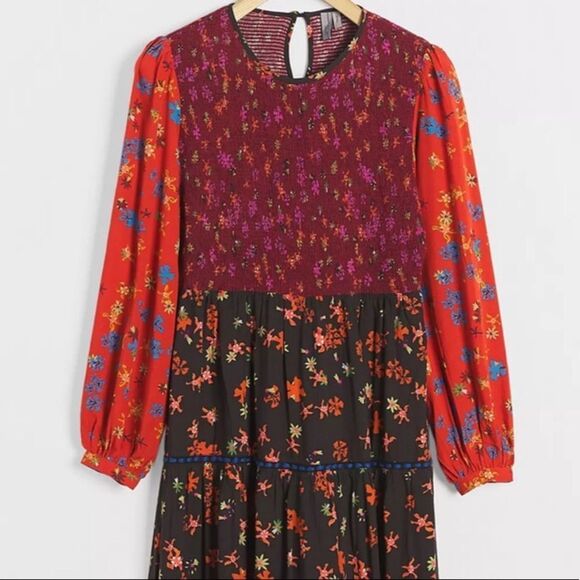 Anthropologie Bl-nk Autumn Floral Print Smocked Tiered dress in Small Petite NWT - Picture 2 of 6